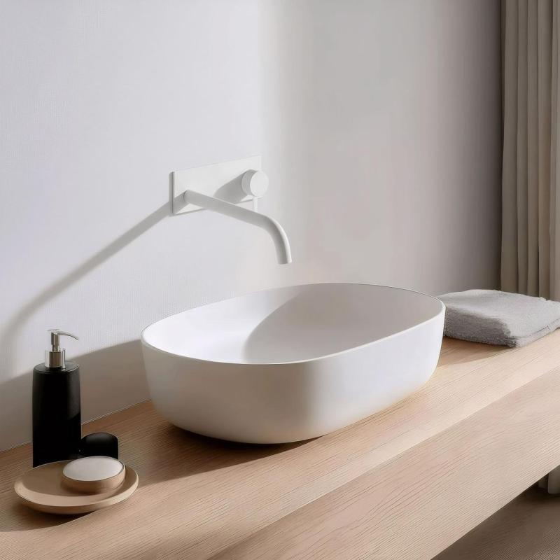 Waterevolution Flow Mitigeur lavabo encastré avec plaque Blanc mat avec bec 25cm T1161BBR-25