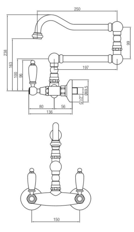PB Robinet mural classique avec poignées blanches et bec pivotant extra long en inox 1208854252