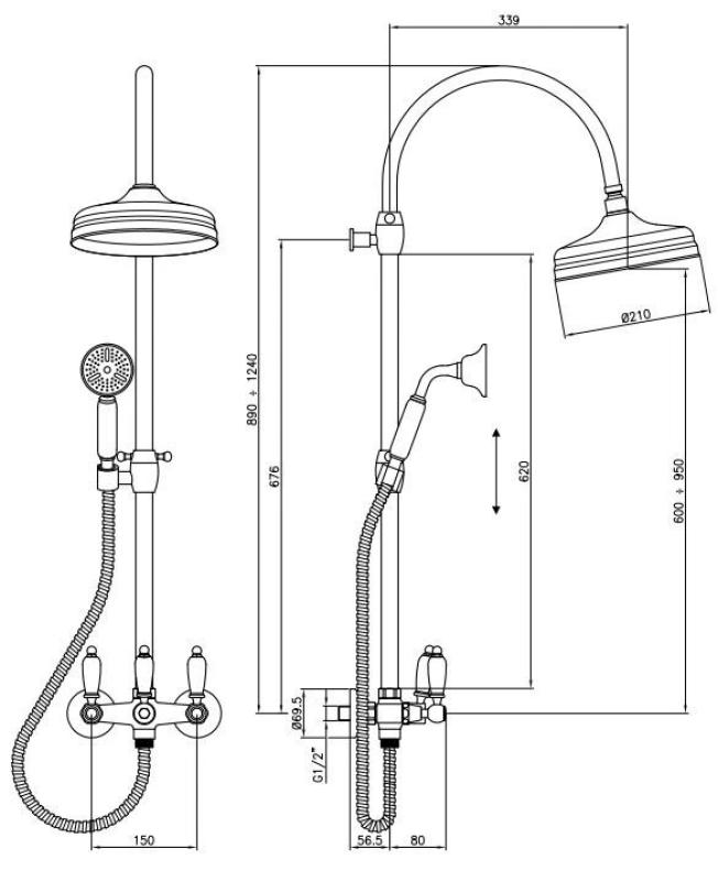 PB Classic Set de douche apparent avec effet pluie Colonne de douche télescopique Chromé 1208854872
