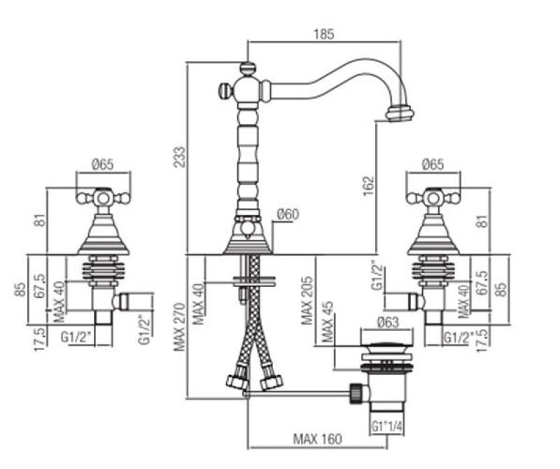 PB classic 3 trous Robinet de lavabo bec fort 18,5 cm Chromé 1208854922