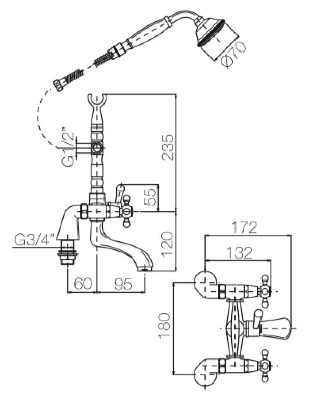 PB robinet classique ensemble de robinetterie de baignoire avec boutons à molette, douchette incluse Bronze 1208855222