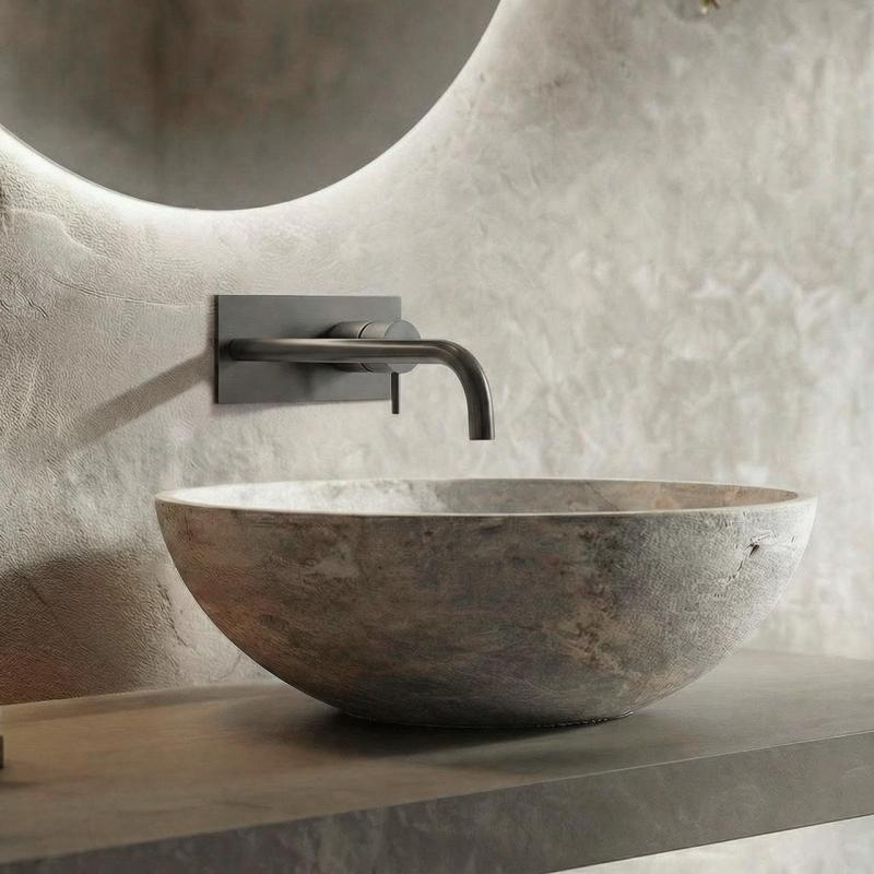 Robinet de lavabo encastré Waterrevolution Flow avec plaque de recouvrement PVD Gun Metal et bec de 21 cm T1161GME-21