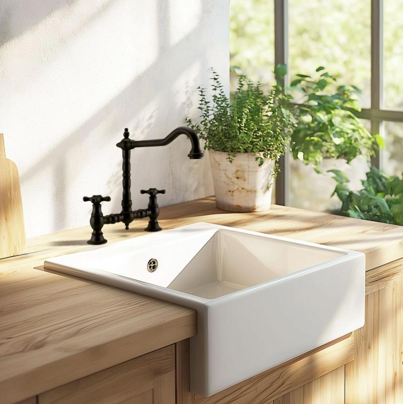 PB Robinet de cuisine à pont nostalgique Bec coudé noir mat avec boutons en étoile PBN.ZW.H.ST