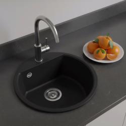 GraniteMy Bremen évier rond en granit 43 cm noir à monter en surface et sous plan avec trou de robinetterie banc avec bouchon en inox 1208953206