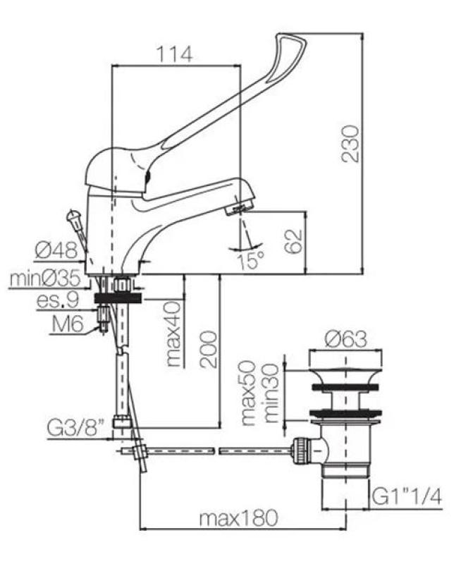 PB Clinic Robinet de lavabo pour personnes handicapées avec long levier chromé 1208953265