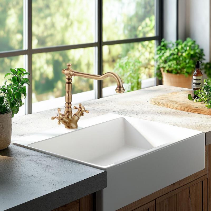 Mitigeur de cuisine nostalgique V1910 Robinet en laiton naturel décoloré 1208953525