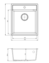 Évier en granit GraniteMy Bremen 44x52 cm Noir – Montage en surface, sous-plan et à fleur avec plage pour robinet et bouchon en acier inoxydable 1208953861.