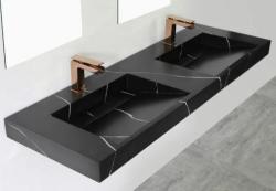 Plan vasque double Solid-S Marble en solid surface, marbre noir mat, sans trou pour robinetterie, avec couvercle solide, dimensions B180xD45xH8, 1208953889.