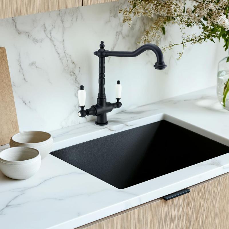 PB Nostalgic robinet de cuisine de campagne classique noir mat avec poignées blanches 1208953912