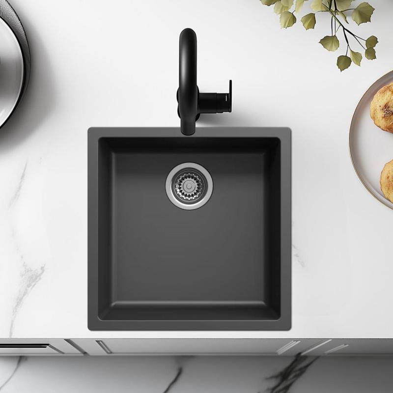 Evier noir 40x40cm sous plan, à fleur de plan ou en surface avec panier pour bonde inox 1208956390