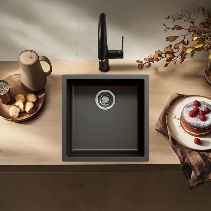 Evier noir 40x40cm sous plan, à fleur de plan ou en surface avec panier pour bonde inox 1208956390