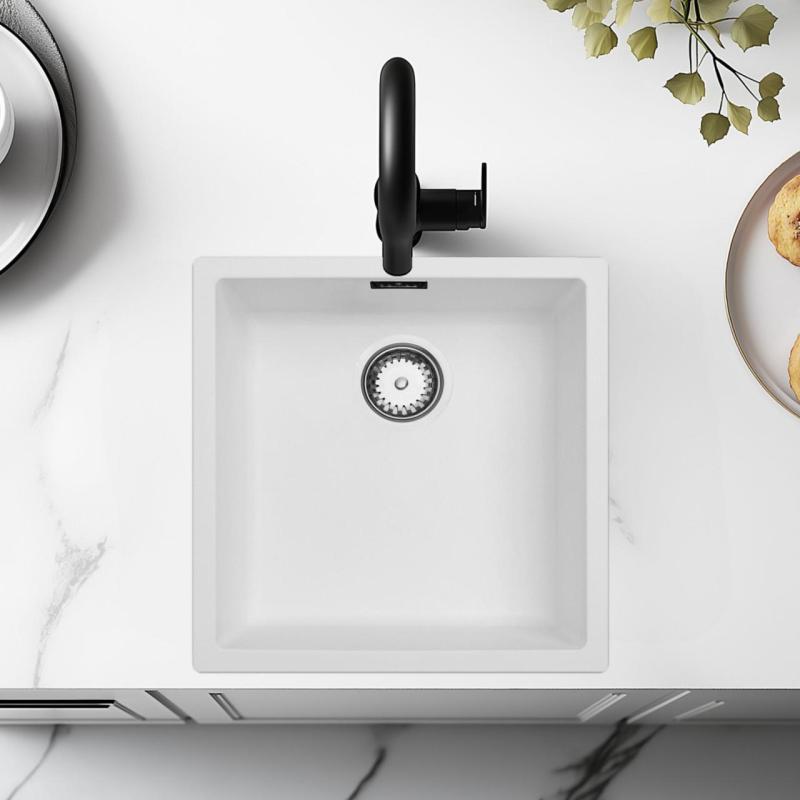 Evier blanc 40x40cm sous plan, à fleur de plan ou en surface avec panier pour bonde inox 1208956392