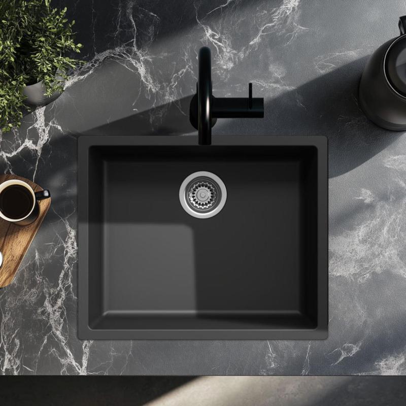 Evier noir 50x40cm sous plan, à fleur de plan ou en surface avec bouchon en inox 1208956395