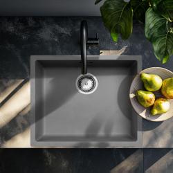 Evier gris béton 50x40cm sous plan, à fleur de plan avec bouchon inox 1208956398