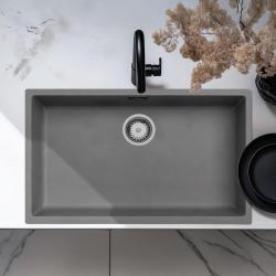 Grand évier gris béton 70x40cm sous plan, à fleur de plan ou en surface avec bouchon inox 1208956403