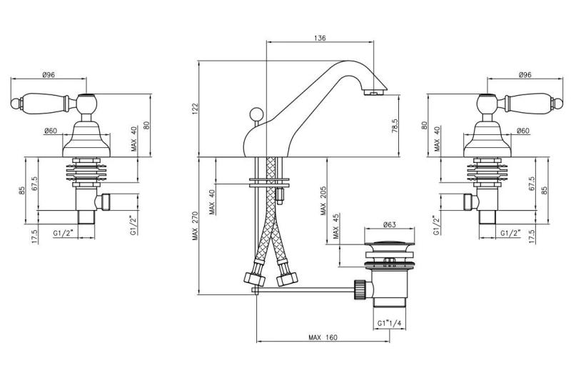 PB classic tap 3-trous Robinet de lavabo bas Leviers blancs Chromé 1208956906