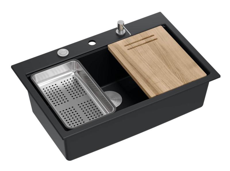 Quadri noir mat granit pierre dure grand évier à montage en surface 76x50cm y compris accessoires 1208957201