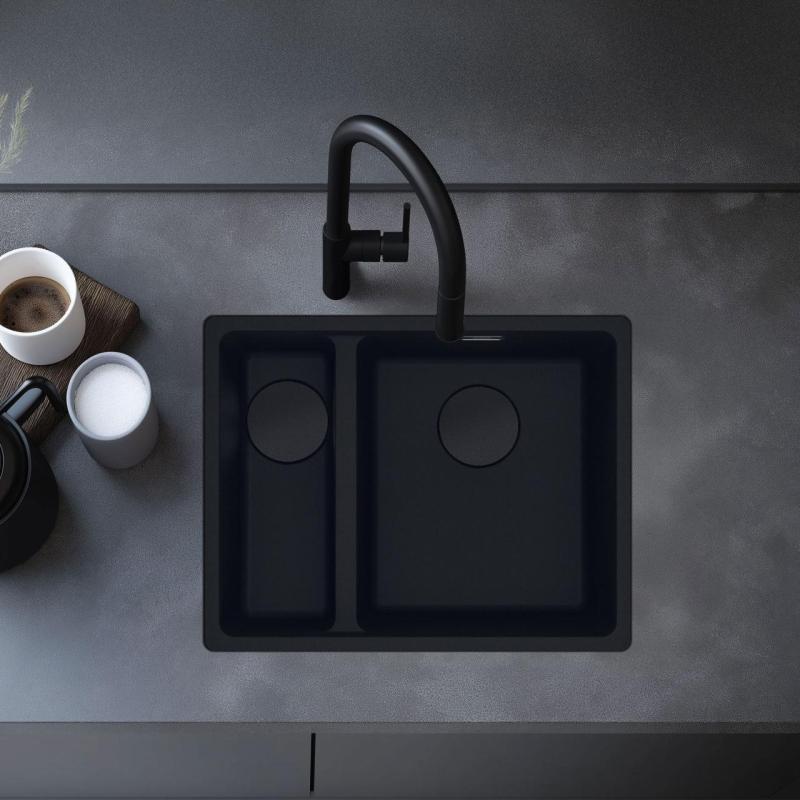 Franke Maris MRG 260/160-34-15 Fragranite édition noire mat évier encastrable à fleur de plan de travail, grand bac à droite