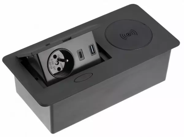 Indux Flip prise de courant de cuisine à encastrer dans le plan de travail noir mat mise à la terre type E sans fil et 2 chargeurs USB 1208957428