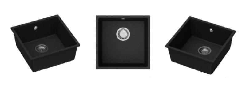 GraniteMy Universal granieten zwarte spoelbak 40x40 cm zwart opbouw onderbouw en vlakinbouw met rvs plug 1208958318