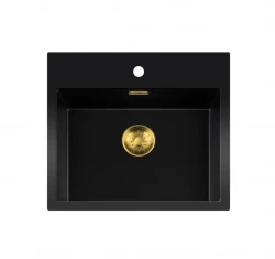 Lorreine évier série BQ 56x52cm en surface noir avec bouchon doré 50BQ37TH-T-GOLD