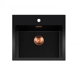 Lorreine évier série BQ 56x52cm en surface noir avec bouchon cuivré 50BQ37TH-T-COPPER