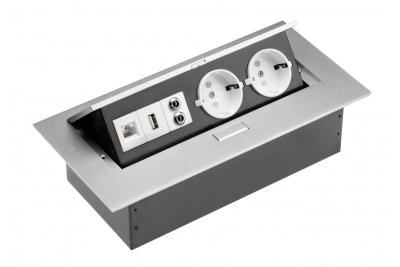Câble d'extension pour bureau 2x prise Schuko, prise USB, audio (banane), prise RJ45 (Ethernet), sans câble, alu 1208958663