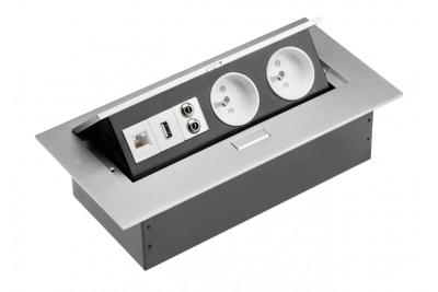 Câble d'extension pour bureau, 2 prises avec mise à la terre, prise USB, audio (banane), prise RJ45 (Ethernet), sans câble, alu 1208958664