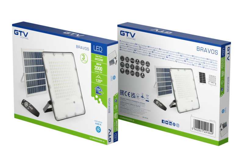 Projecteur LED BRAVOS, 200W, 2000lm, 6400K, IP65, 120°, panneau solaire, télécommande, 3y 1208962683