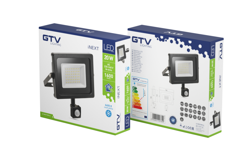 Projecteur LED iNEXT avec détecteur de mouvement 20 W 1600 lm, PF > 0,9, RA > 80, IP65, 120°, 6400 K, corps noir 1208962859