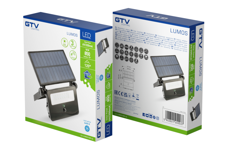 Projecteur à LED solaire LUMOS, avec capteur de mouvement, 10W, 850lm, 6400K, IP65, 120°, panneau solaire, 3y 1208962938