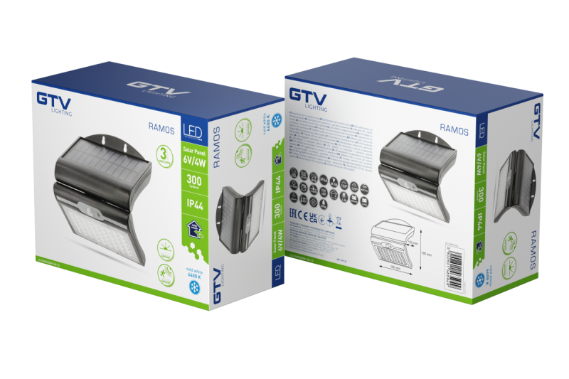 RAMOS Luminaire de Façade Solaire avec Détecteur de Mouvement/Crépusculaire, 50W, 300lm, 3,7V 1800mAh, IP44, 6000K, Noir 1208963115