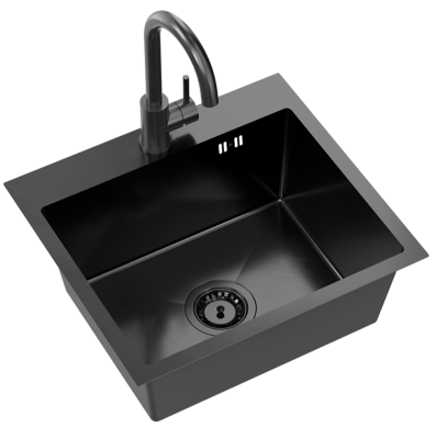 Quadri Dixton 50 Set avec évier en inox Nano PVD noir 500x450 mm avec trou pour robinet et robinet de cuisine noir Coventry