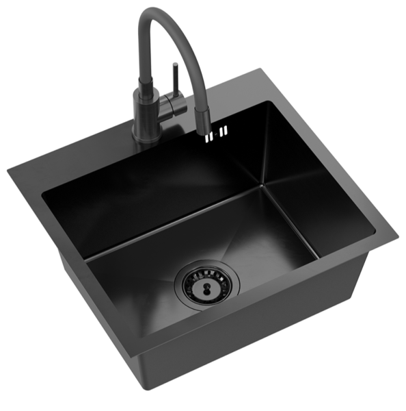 Quadri Dixton 50 Set avec évier noir en acier inoxydable Nano PVD 500x450 mm avec trou pour robinet et mitigeur de cuisine noir Bristol