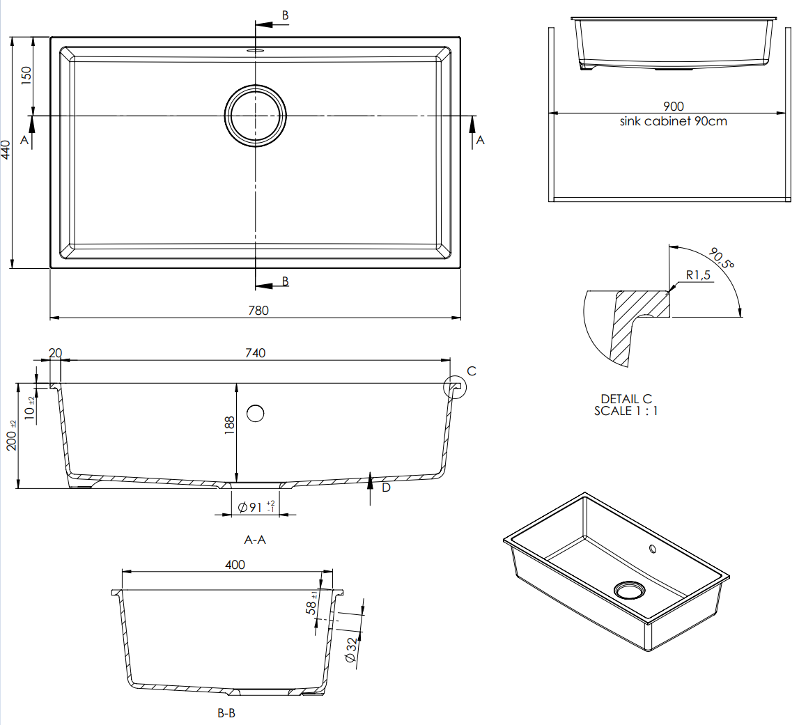 GraniteMy Universal évier en granit blanc grand 74x40 cm blanc montage en surface, sous-plan et à niveau avec bouchon en inox 1208967111