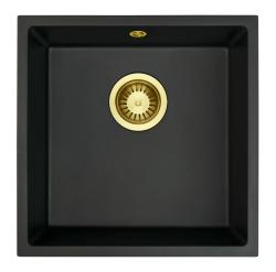 GraniteMy Évier universel en granit noir 40x40 cm noir montage en surface, sous-plan et affleurant avec bouchon doré 1208967113