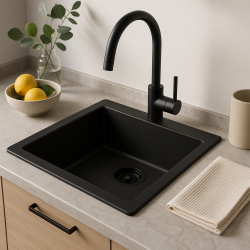 GraniteMy Universal évier en granit noir 34x40 cm noir, installation en surface, sous-plan et affleurant avec bouchon noir 1208967143