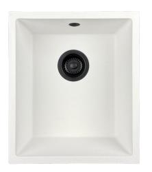 GraniteMy Évier universel en granit blanc 34x40 cm blanc pour montage en surface, sous-plan et affleurant avec bouchon noir 1208967147