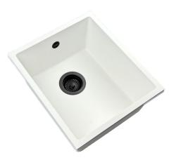 GraniteMy Évier universel en granit blanc 34x40 cm blanc pour montage en surface, sous-plan et affleurant avec bouchon noir 1208967147