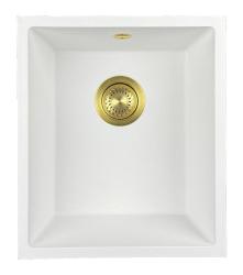 GraniteMy Universal évier en granit blanc 34x40 cm blanc à poser, à encastrer et à fleur avec bouchon doré 1208967149