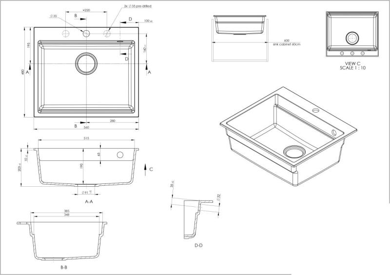 GraniteMy Évier en granit 56x48 cm noir à poser avec bonde dorée inclus accessoires 1208967235