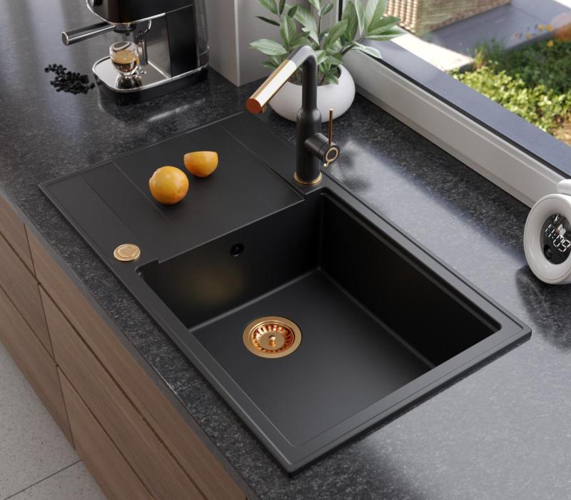 Quadri Luton évier à poser en granit noir avec égouttoir réversible 86x50cm avec bouchon en cuivre 1208967326