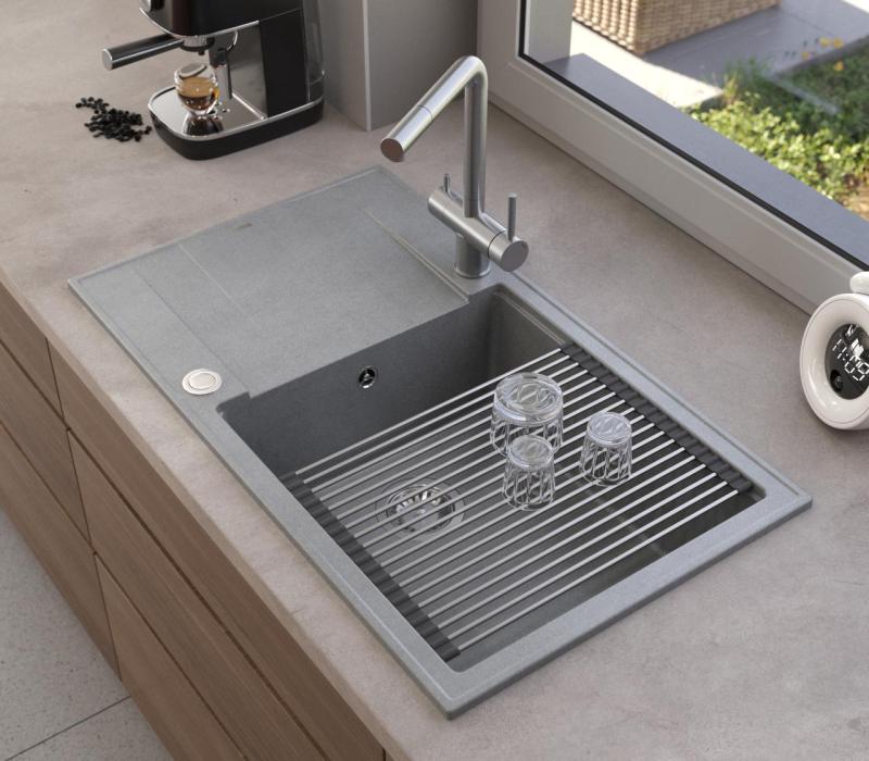 Quadri Luton évier à poser en granit gris avec égouttoir réversible 86x50cm avec bouchon en inox 1208967330