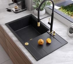 Quadri Luton évier à poser en granit anthracite avec égouttoir réversible 86x50cm avec bonde dorée 1208967334