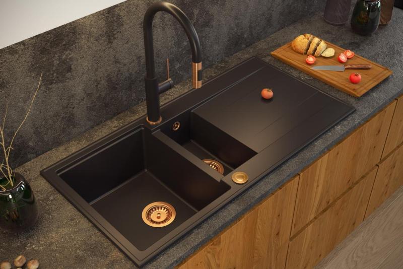 Quadri Luton évier à poser en granit noir 1,5 bac avec égouttoir réversible 100x50cm avec bouchon en cuivre 1208967347
