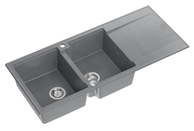 Quadri Luton évier double encastré en granit gris avec égouttoir 116x50 cm avec bouchon en inox 1208967360