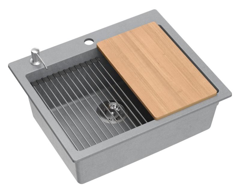 Quadri Durham évier en granit gris à poser 595x500 avec distributeur de savon, planche à découper, bac d'insertion et tapis roulant 1208967378
