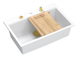 Quadri Hard Rock évier à poser en granit blanc grand bac 76x50cm inclus bouchon doré et accessoires 1208967424