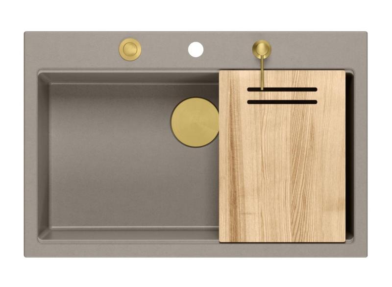 Quadri Hard Rock taupe granit montage grande évier 76x50cm incluant bouchon doré et accessoires 1208967436
