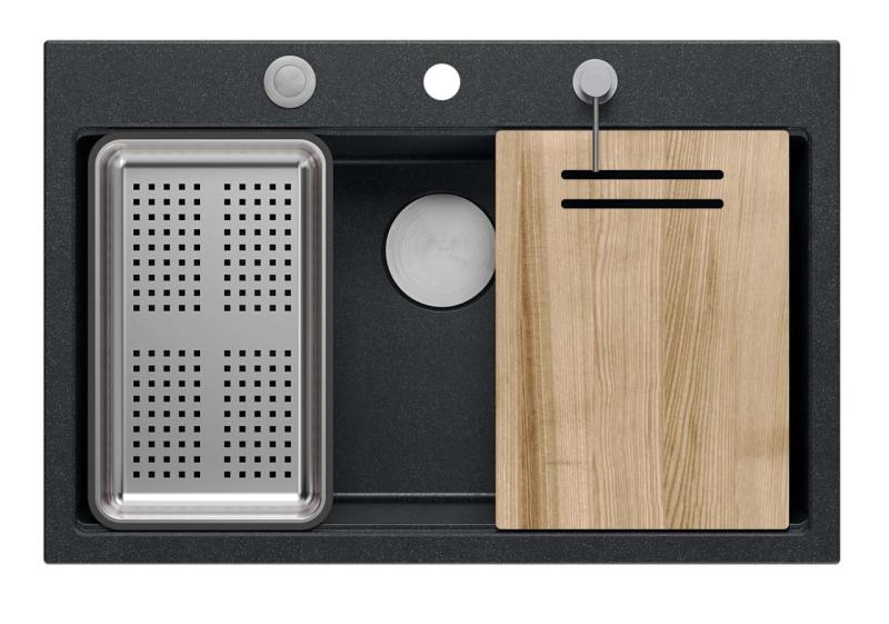 Quadri Hard Rock granit anthracite évier à poser grande cuve 76x50cm incluant bouchon en inox et accessoires 1208967442